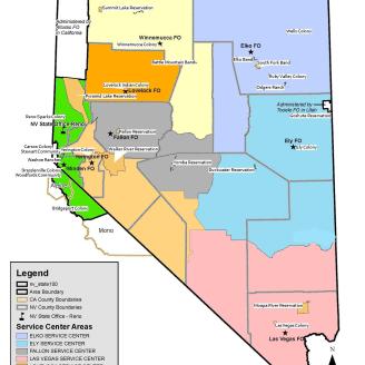 Map showing location of NRCS service centers in Nevada