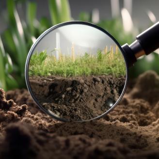 A magnifying glass highlighting soils and plants. 