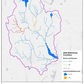 Impaired waterbodies in the Barden Reservoir-Ponaganset River watershed. Impairment categories include 4A: Impaired waterbody with approved TMDL, 4C: Impairment is not caused by a pollutant and 5: Impaired waterbody requiring a TMDL.