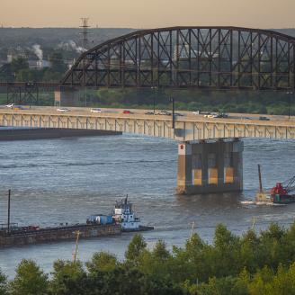 Barge traffic near St. Louis, Missouri on the Mississippi River, August 2019.
USDA Photo by Preston Keres