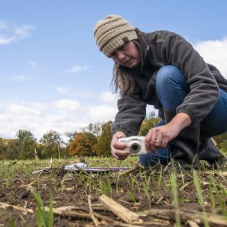 Mt. Toby Farm, in Sunderland, MA, has worked with the U.S. Department of Agriculture (USDA) Natural Resources and Conservation Service (NRCS) to create their conservation plan that includes the use of Forage and biomass Planting  (512) and Establish and  reseed their cover crop during the cool season, on October 18, 2019. Working with Natural Resource Specialist / Business Tools Coordinator Lisa Gilbert who records the progress with the conservation plan. USDA Photo by Lance Cheung. Mt. Toby Farm is along t