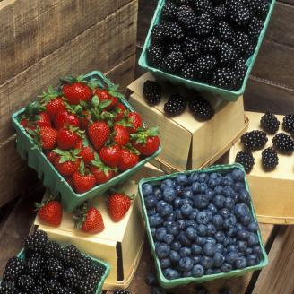 Boxes of berries sit on stand at a market on May 8, 2007. Berries are difficult to grow, harvest, and handle with brief growing seasons and the berries are vulnerable to insects, disease, and even birds. In the 1950's, the U.S. Department of Agriculture’s (USDA) Agricultural Research Service (ARS) actually saved the strawberry industry in the Great Lakes region when the agency released the first varieties that could survive red stele, a root-rotting fungus. Fifteen years ago, blueberries were practically