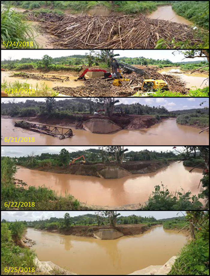 Culebrinas River EWP project in Moca, Puerto Rico, before, during and after debris removal from June 14-22, 2018.