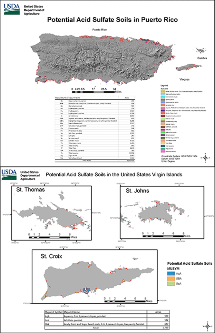 Potential acid sulfate soils maps of Puerto Rico (top) and the US Virgin Islands, June 2019.