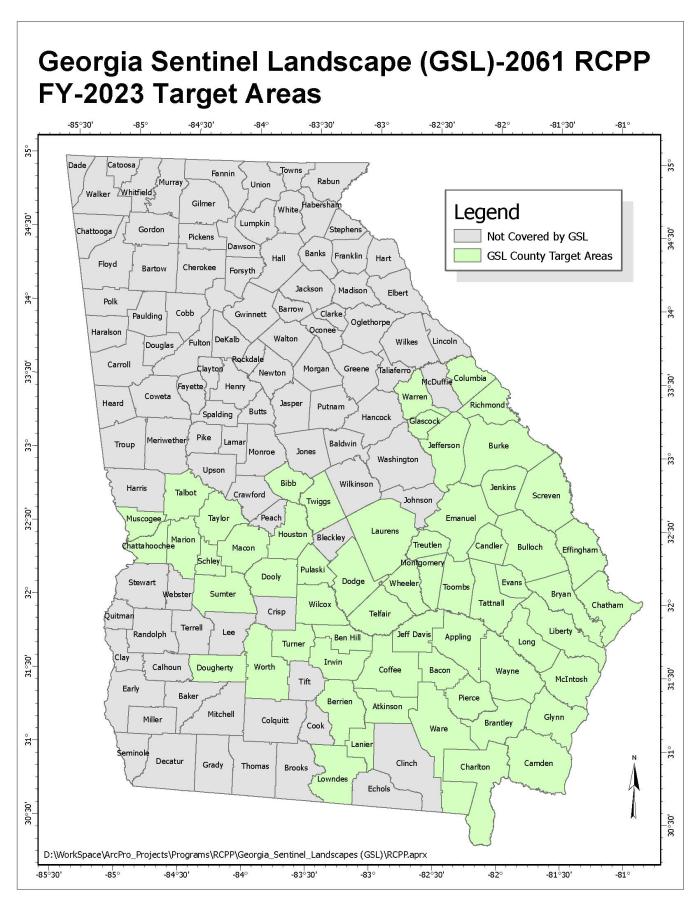 Map of the State of Georgia showing a 60-county area highlighting the Georgia Sentinel Landscape RCPP Project area of focus.
