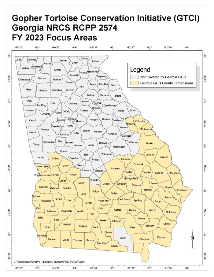 Map of the State of Georgia showing a 77-county area highlighting the Gopher Tortoise Conservation Initiative RCPP Project focus area.