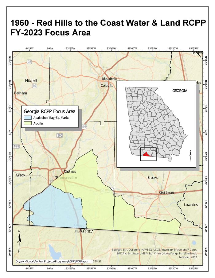 Map of southwest Georgia highlighting portions of Brooks, Thomas and Grady counties that are in the St. Marks and Aucilla Rivers' watersheds