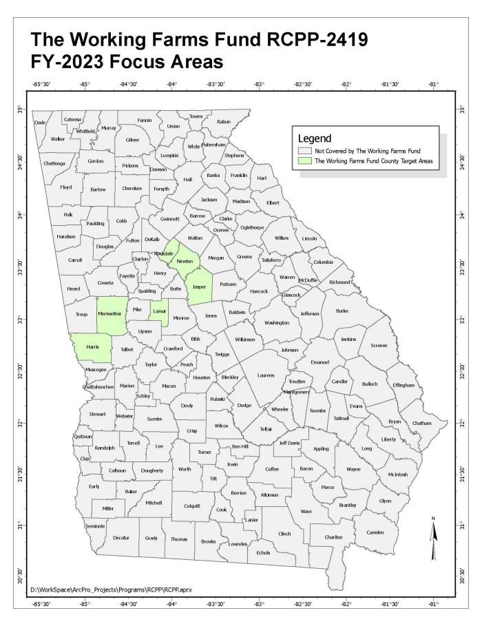 Map of the State of Georgia showing highlighted 6-county area of The Working Farms Fund RCPP project.