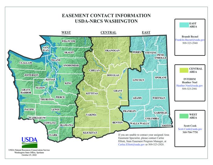 Map of Washington state Easement Contacts by Area