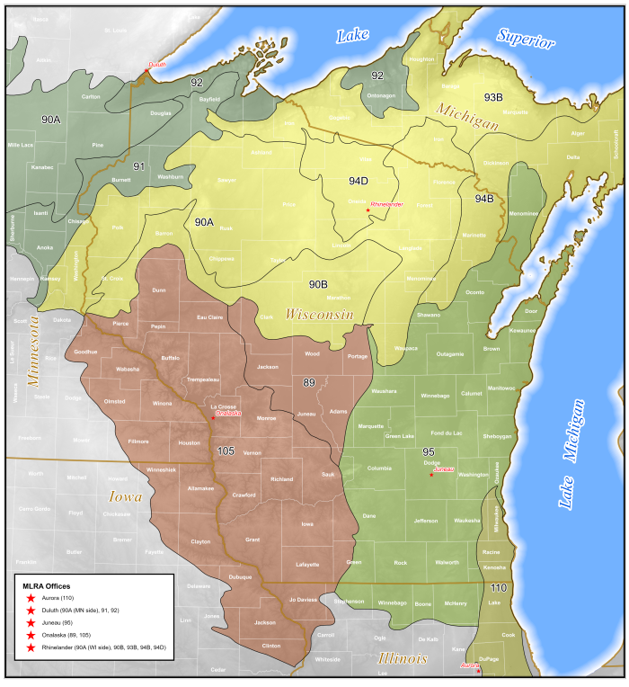 Image of Major Land Resource Area (MLRA) boundaries in Wisconsin.   MLRAs are geographically associated land resource units (LRUs) that share a common land use, elevation and topography, climate, water, soils, and vegetation. Identification of these large areas is important in statewide agricultural planning and has value in interstate, regional, and national planning.