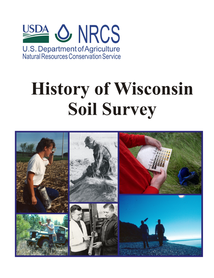 Front cover of the document entitled History of Wisconsin Soil Survey with USDA-NRCS logo and collage of historical soil survey images