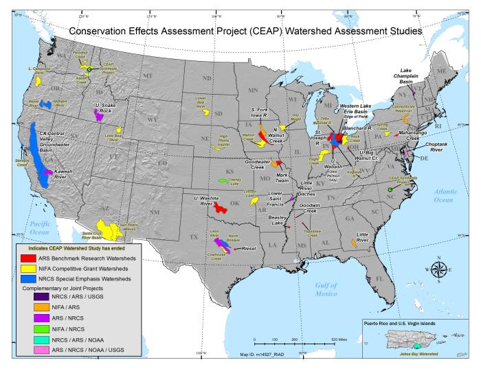 Map of the United States with locations of Conservation Effects Assessment Project watersheds assessments identified.