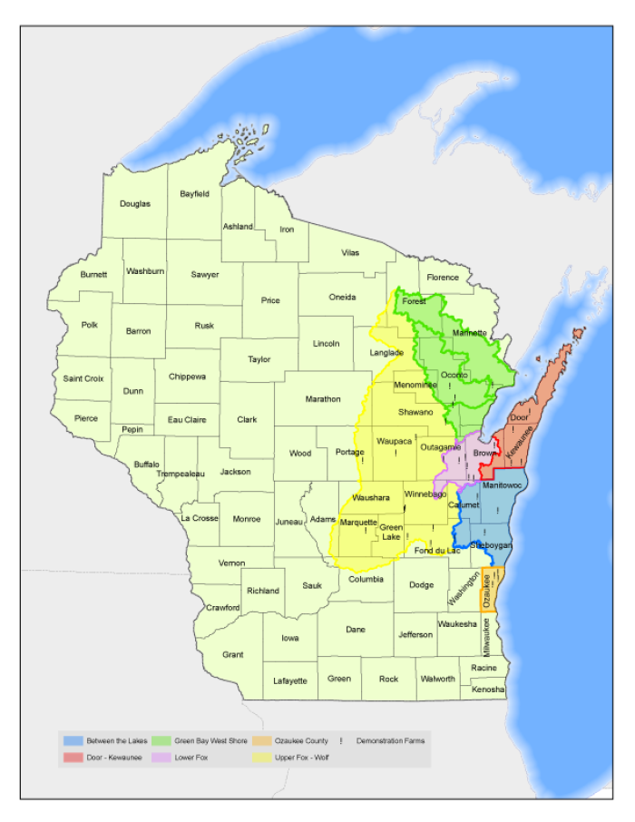 Map of Wisconsin with the 6 Demo Farm Networks highlighted 