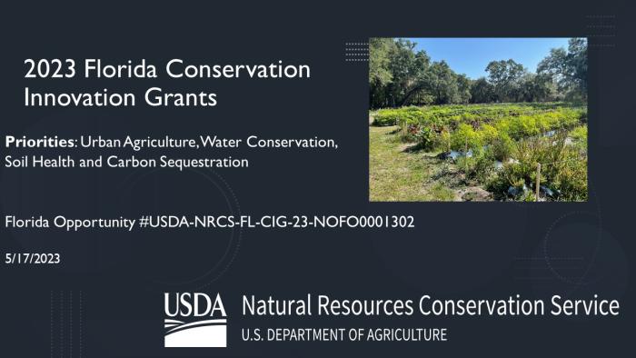 Cover slide image for Conservation Innovation Grant webinar presented by Florida NRCS on May 17, 2023.