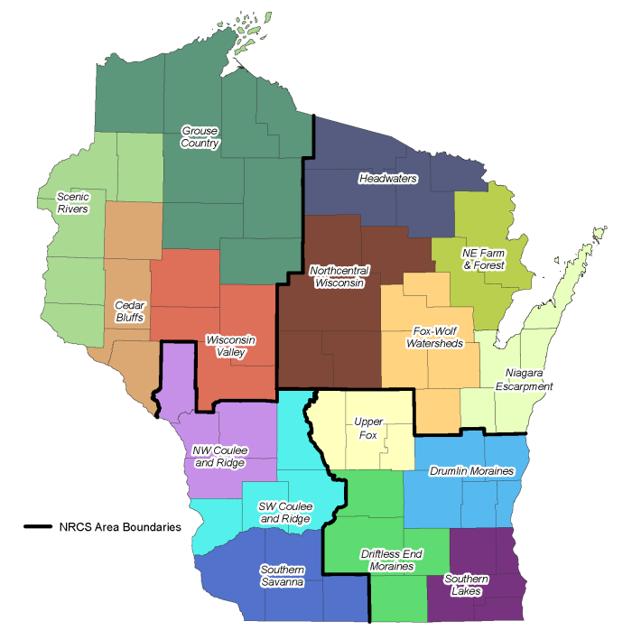 Color coded map of Wisconsin's local working groups sectioned by area