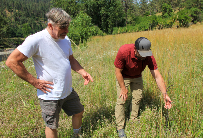 Man standing in field pointing down while other man on the right bends down and observes a plant