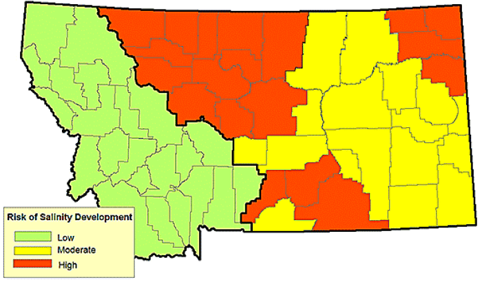 Map of risk of salinity development across Montana