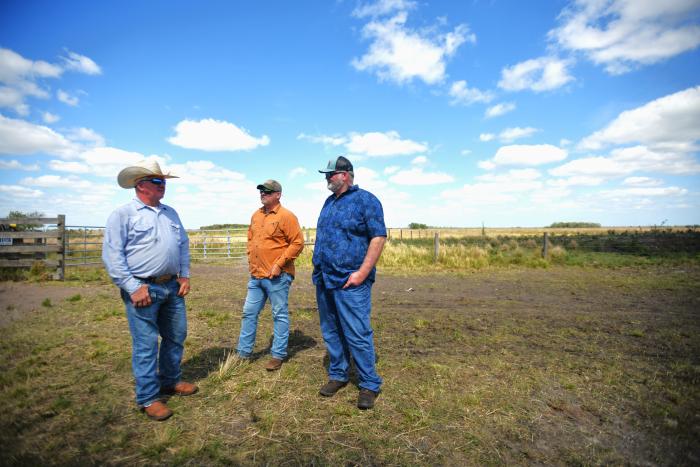 Three men stand under blue sky in a pasture field.