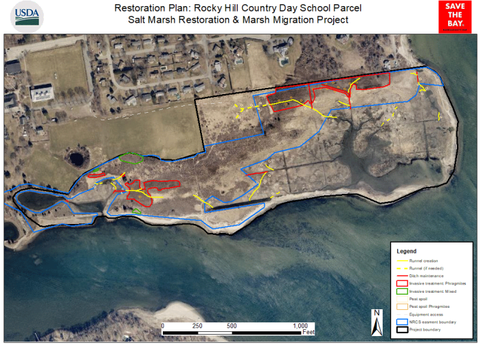 Wetland Reserve Easement restoration plan for Rocky Hill School saltmarsh in Warwick, RI.