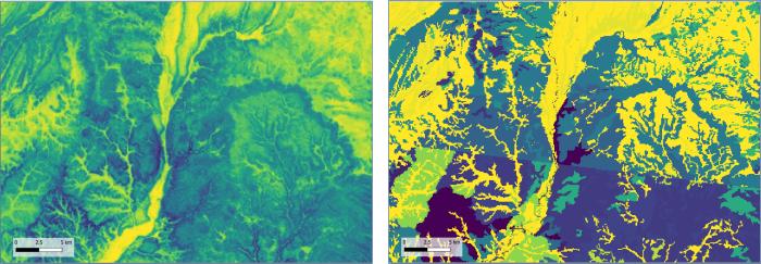 Maps of depth to bedrock (cm) along the Colorado–New Mexico border. SOLUS100 (left) both depicts within map unit variability and harmonizes a border artifact relative to gNATSGO (right) for the same area.
