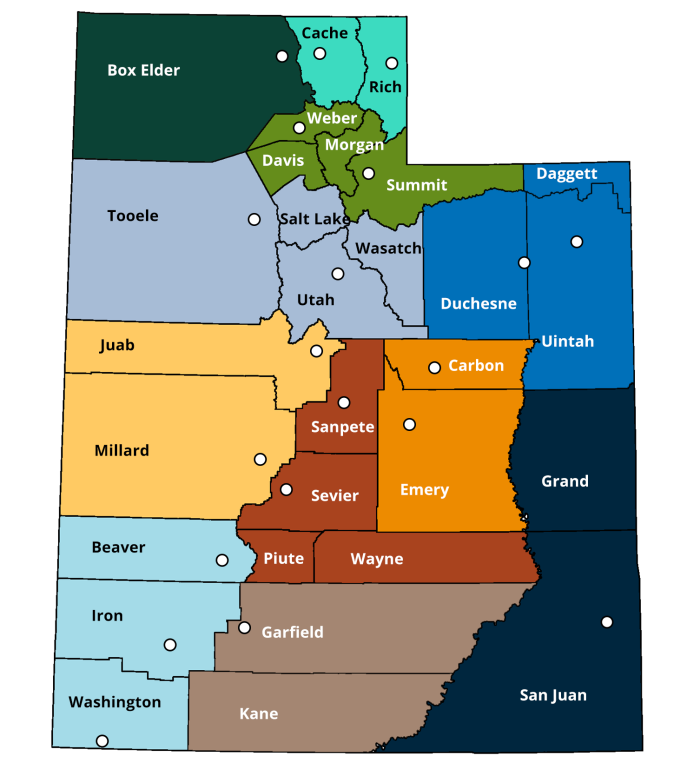 Map of NRCS Utah Area Teams and Field Office Locations
