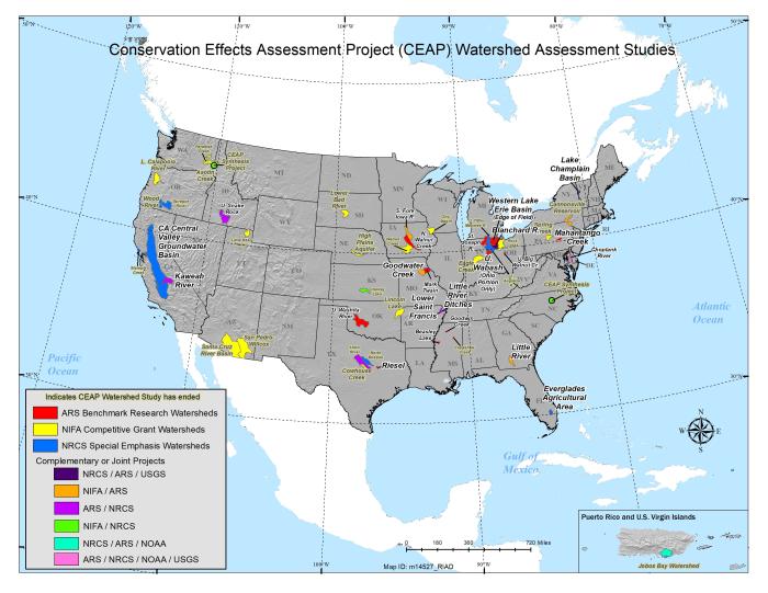 Map of the United States with locations of Conservation Effects Assessment Project watersheds assessments identified.