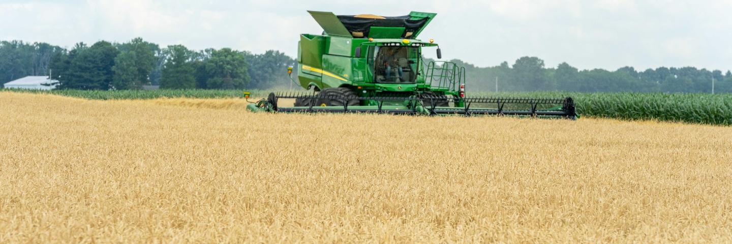 Mike Starkey harvests wheat on his field in Brownsburg, IN June 28, 2021. 