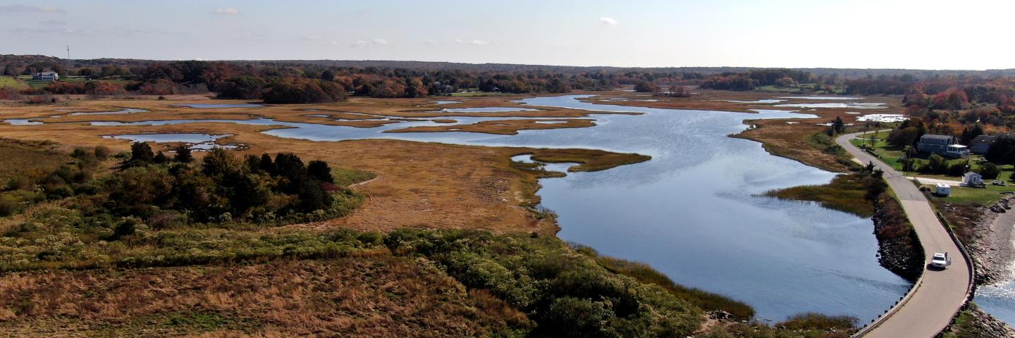 A salt marsh and a road in Tiverton, Rhode Island.