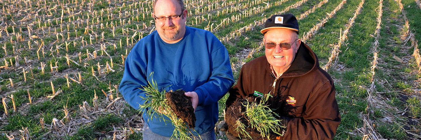 Northern Iowa farmers show off their productive soils after using cover crops.