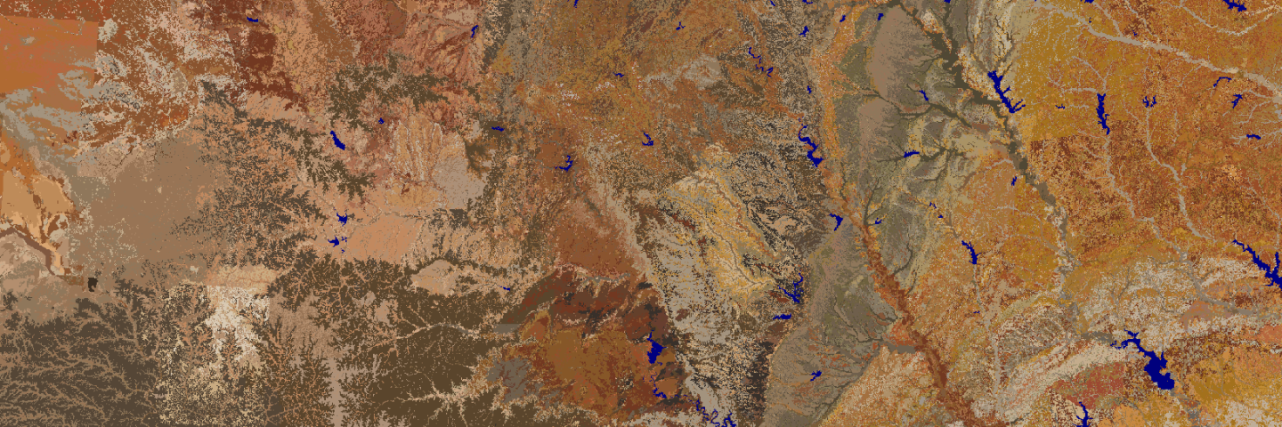 Map showing bright soil colors in central Texas.