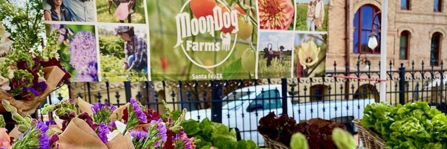 Moon Dog Farms sign at farmers market in Texas.