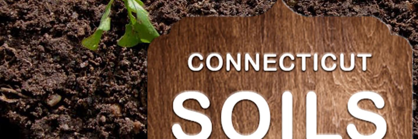 Background is a photo taken in a soil pit, with a wooden sign in front that says Connecticut soils