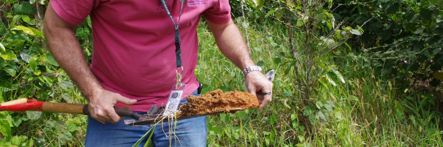Mario Rodriguez takes a soil sample in the Guanica, PR, watershed.
