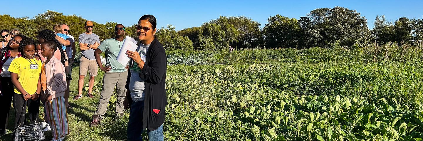 Tika Bhandari discusses cover crops and cultural vegetable production on her plot at Global Greens Farm in West Des Moines, Iowa.