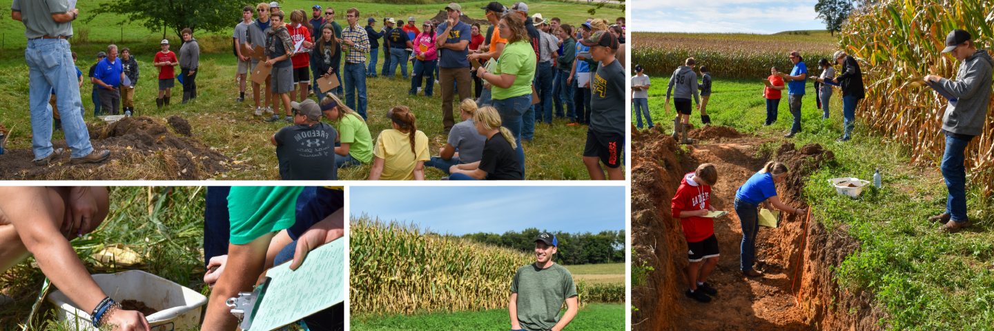 A collage of images including fields and soil pits from the 2022 FFA Land and Soil Evaluation Contest in Wisconsin