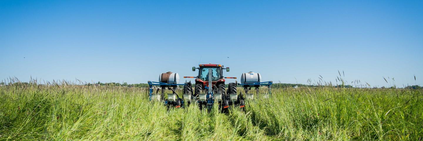 A tractor plants into green cover using no-till methods, with blue skies above.