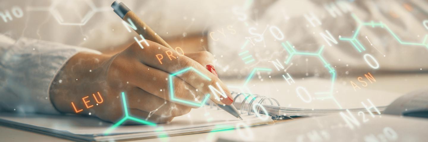 Science formula hologram over woman's hands taking notes background.