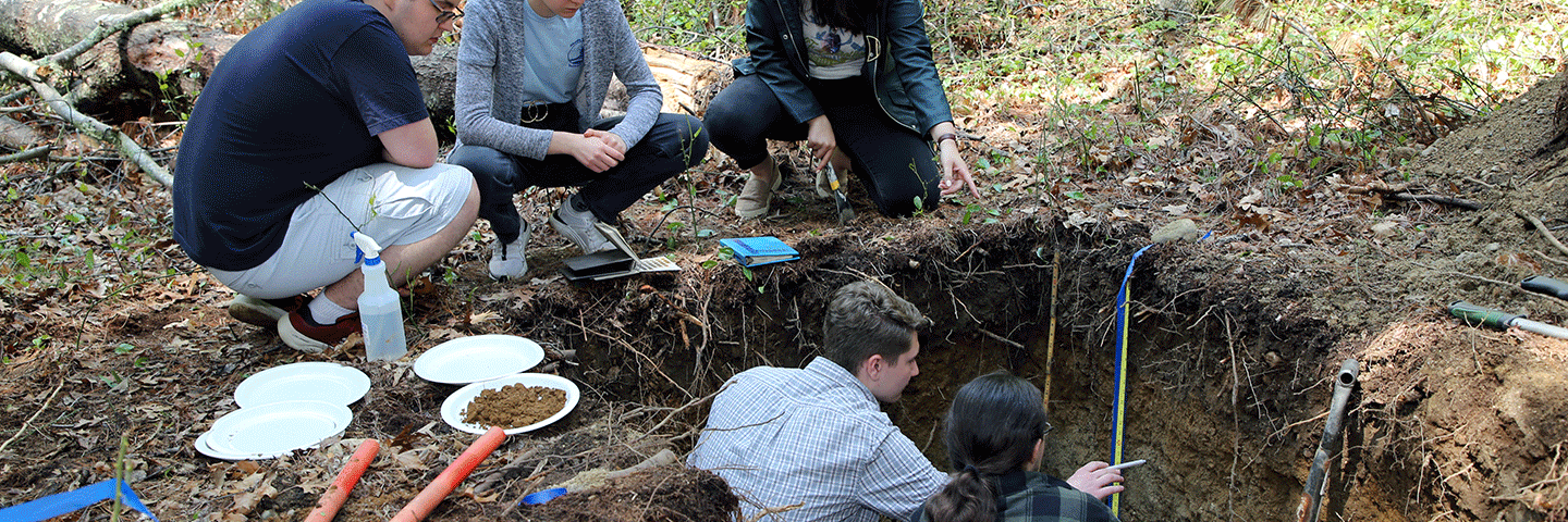 Students examining soils in soil pit at the 2022 Rhode Island Envirothon, May 20, 2022.