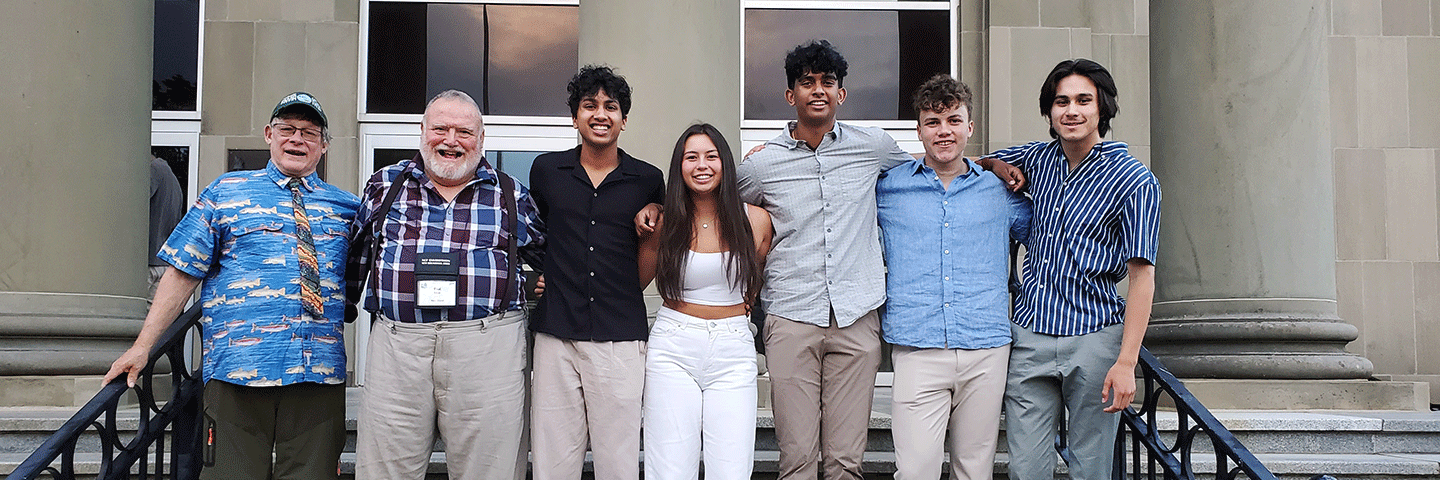 Chaperones Peter Stetson and Paul Dolan (RIRC&D Coordinator) and RI Envirothon Champs from The Wheeler School (left to right) Rohan Jayaraman, Aila Bojarski, Amol Rathore, Boo Paradiso, and Myles Johnson tour New Brunswick.