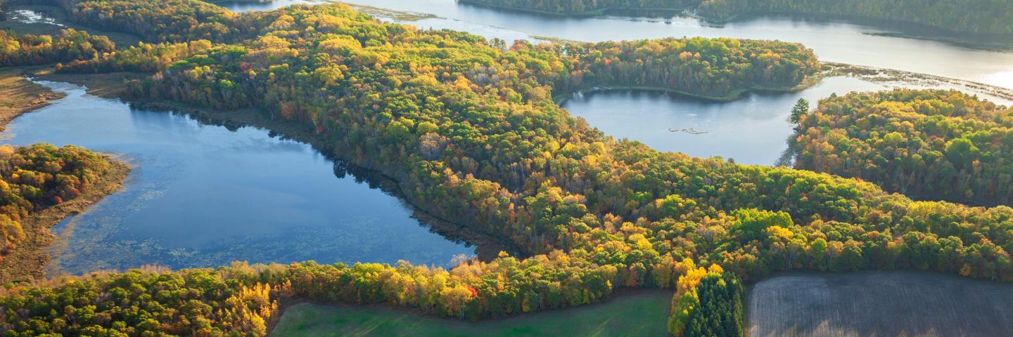 Aerial view of the Mississippi River and farm fields 