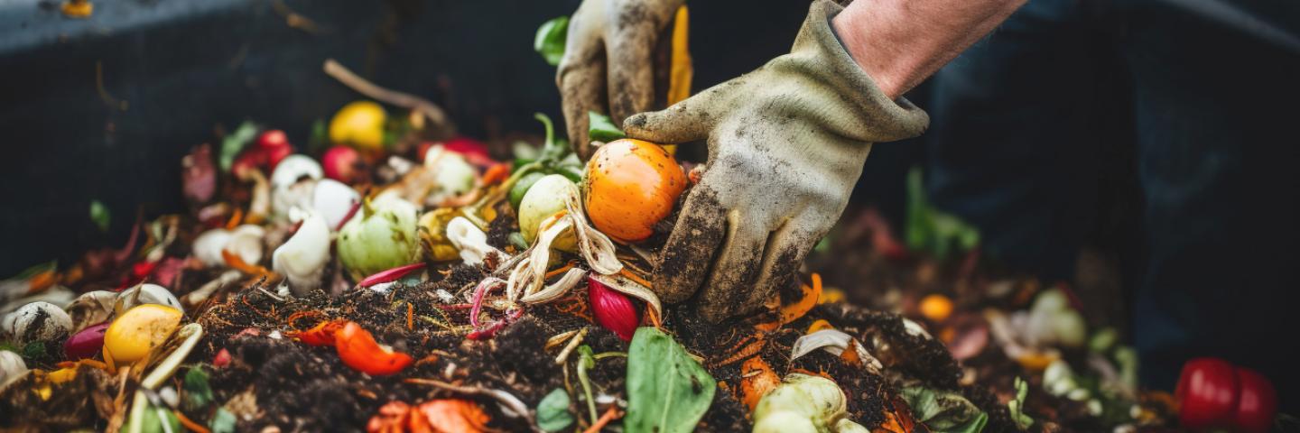 Man with work gloves handling fruit and vegetable compost in large bin