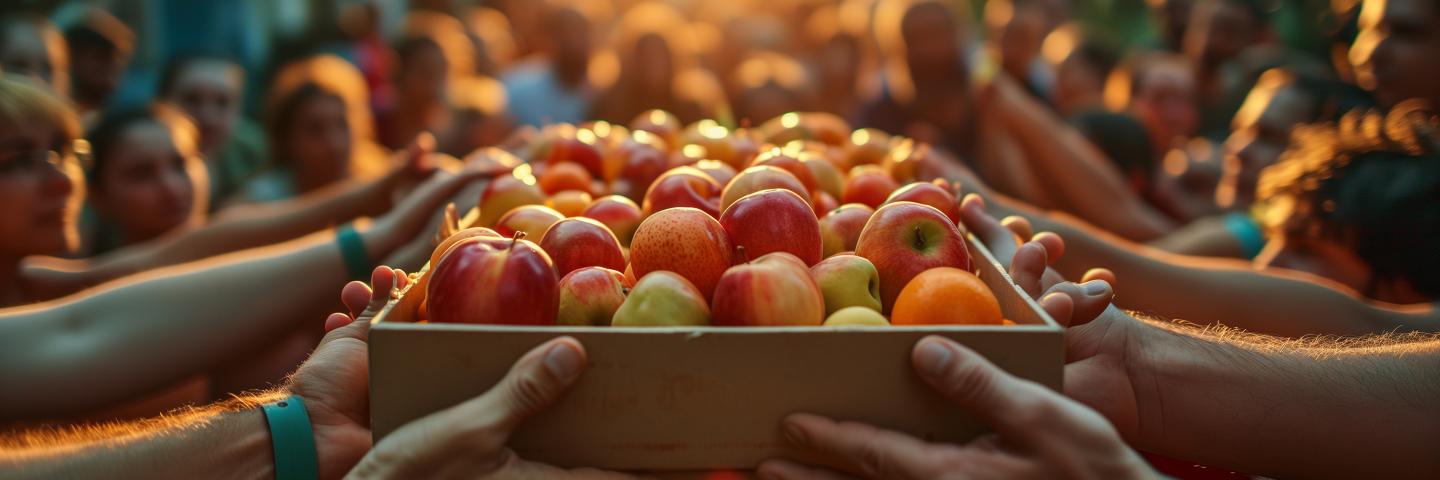 Group holding apple basket