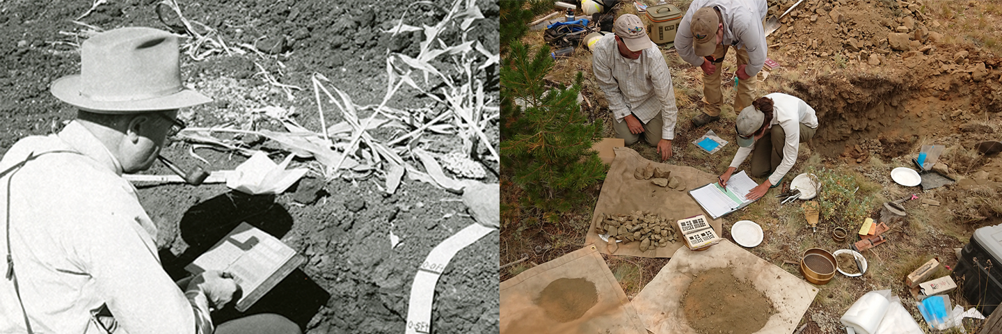 Side-by-side photos of soil survey fieldwork. A black and white historical photo of Dr. Charles E. Kellogg sitting on the ground at the surface of a soil pit and holding a soil sample. A modern color photo of three soil scientists collecting and describing soils in the field.