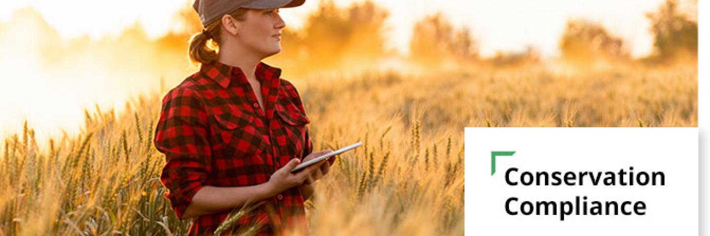 woman standing in tall grass with "conservation compliance" over the image