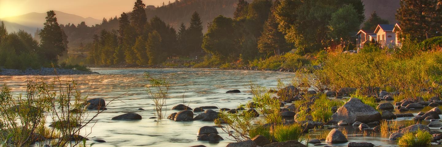 Washington landscape of river, trees, and small houses in the distance