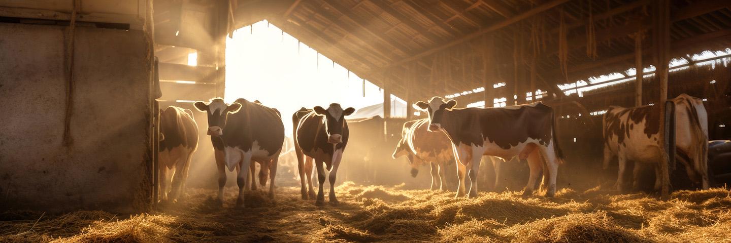 A picture of cows in a barn during "magic-hour" lighting.