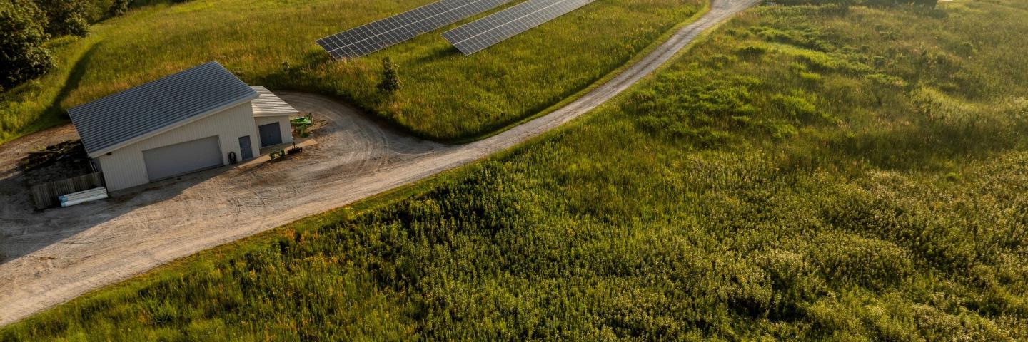 Aerial shot of prairie and farm land