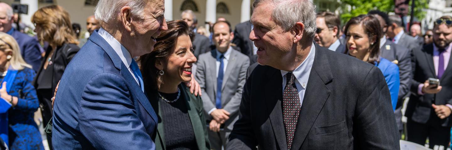 President Joe Biden, Commerce Secretary Gina Raimondo greet Agriculture Secretary Tom Vilsack and guests after delivering remarks on lowering costs and expanding access to the internet through the Affordable Connectivity Program, part of the Bipartisan Infrastructure Law, Monday, May 9, 2022, in the Rose Garden of the White House. (Official White House Photo by Adam Schultz)