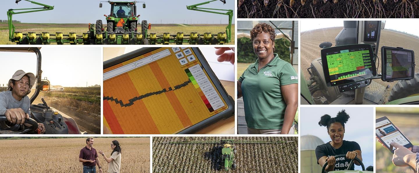 A collage of NRCS farmers and staff, with one collage element showing a tablet view of a web page.