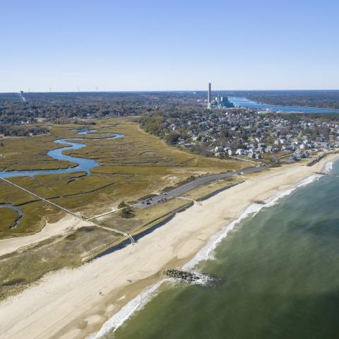 Aerial view of Town Neck Beach in Sandwich, Massachusetts.